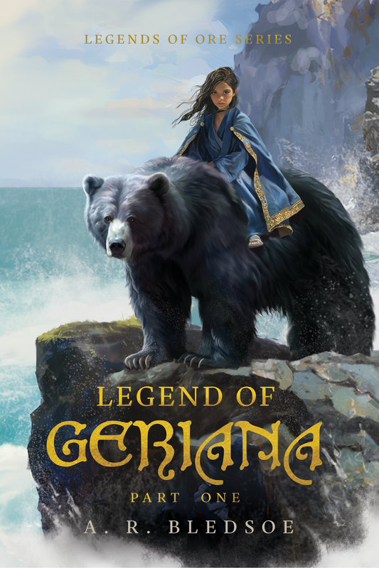 Book cover of 'Legend of Geriana Part One' featuring a woman riding a bear on a cliff.