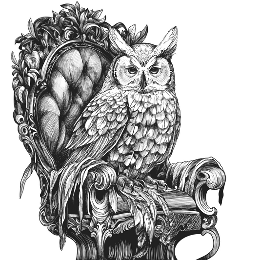 Black and white illustration of an owl on an ornate chair with decorative elements.