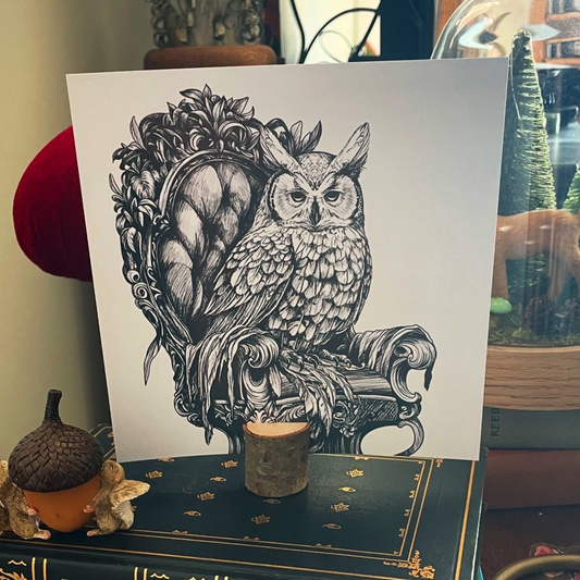 Illustration of an owl on a chair with books and decorative items in the background
