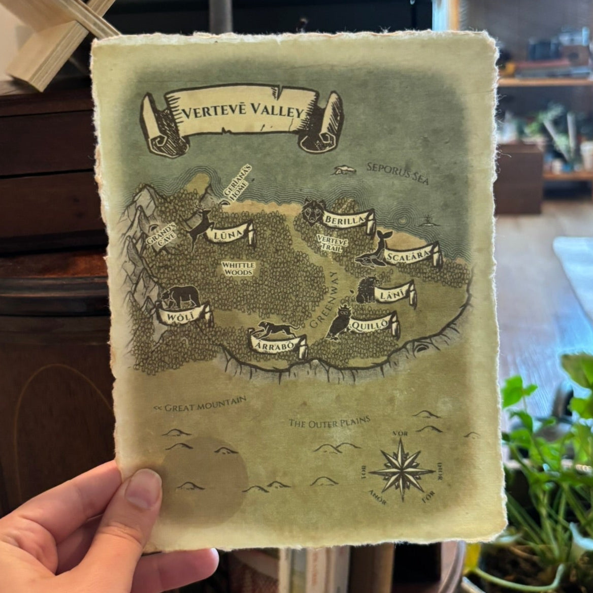 Hand holding a map of Verteve Valley against a blurred indoor background